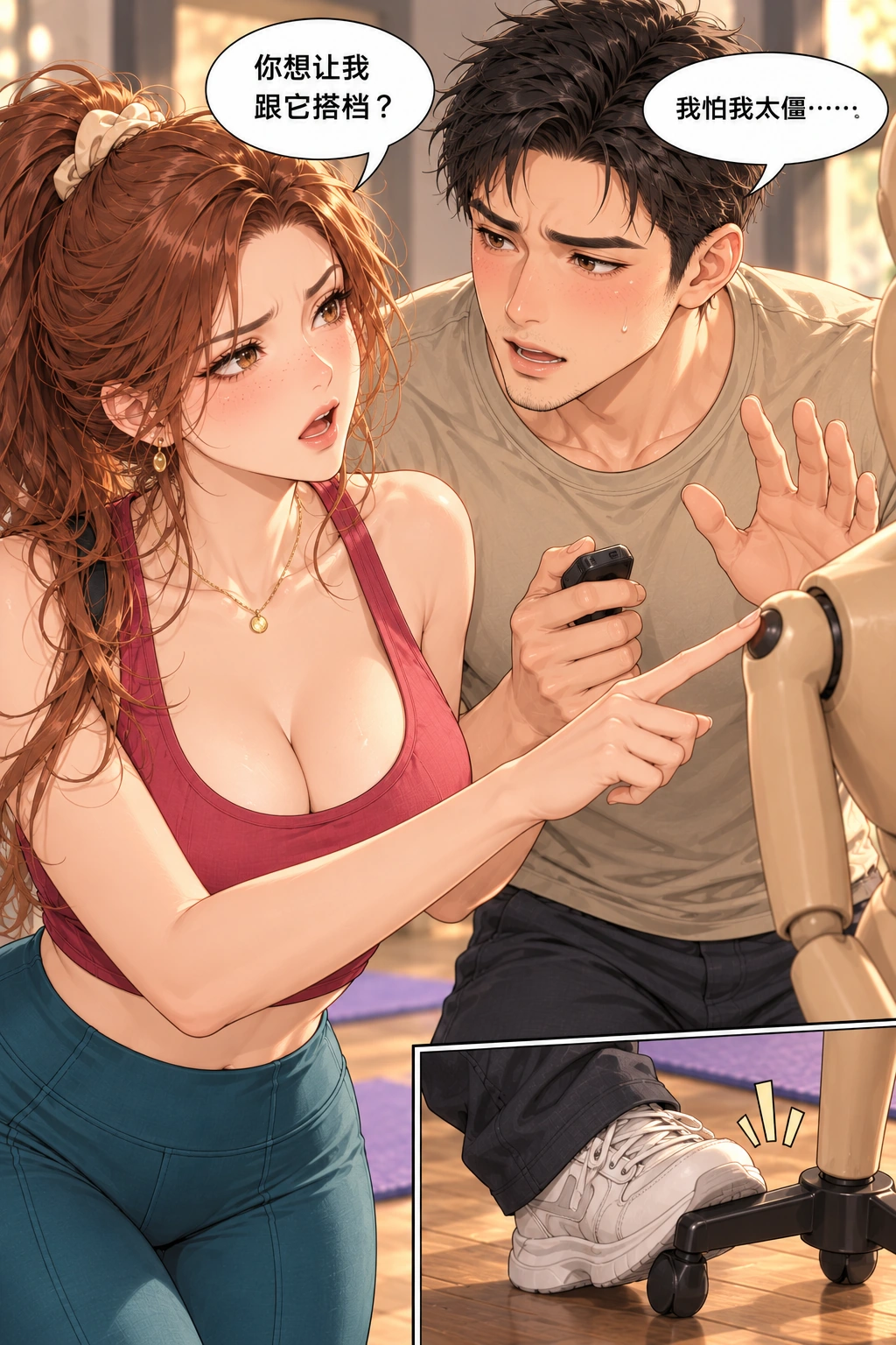 别跟假人较劲漫画画面：误会升级；蒋屿后退碰到松动脚架，下一格后果有因。