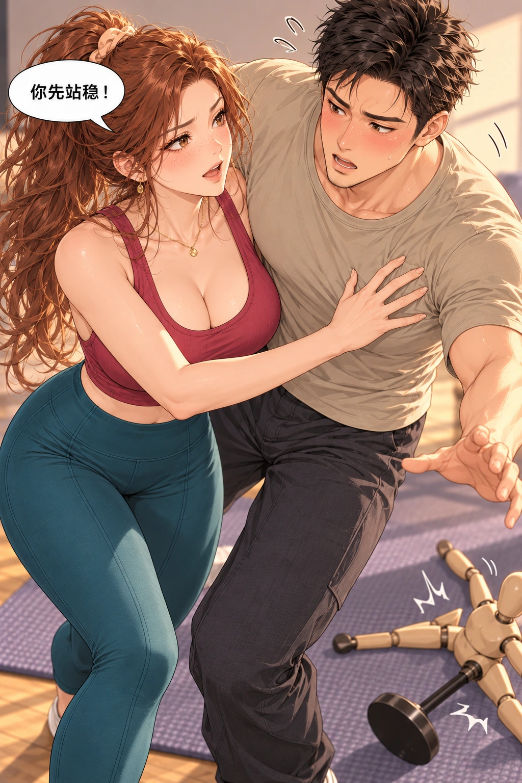 别跟假人较劲漫画画面：假人因前格脚架被勾而倒，蒋屿失衡。