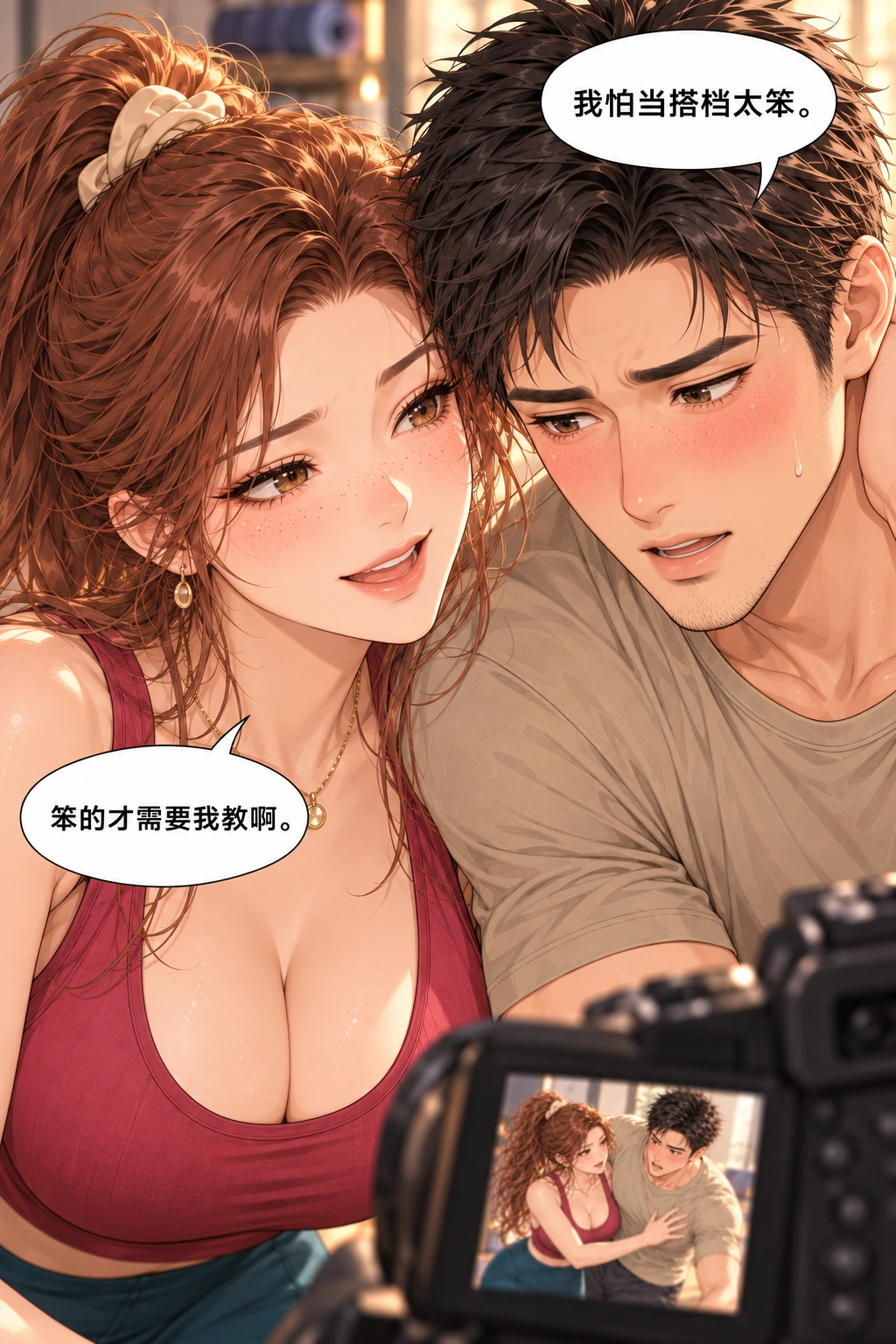 别跟假人较劲漫画画面：误会解释依赖已见行为，两人看见照片有真实教学感。