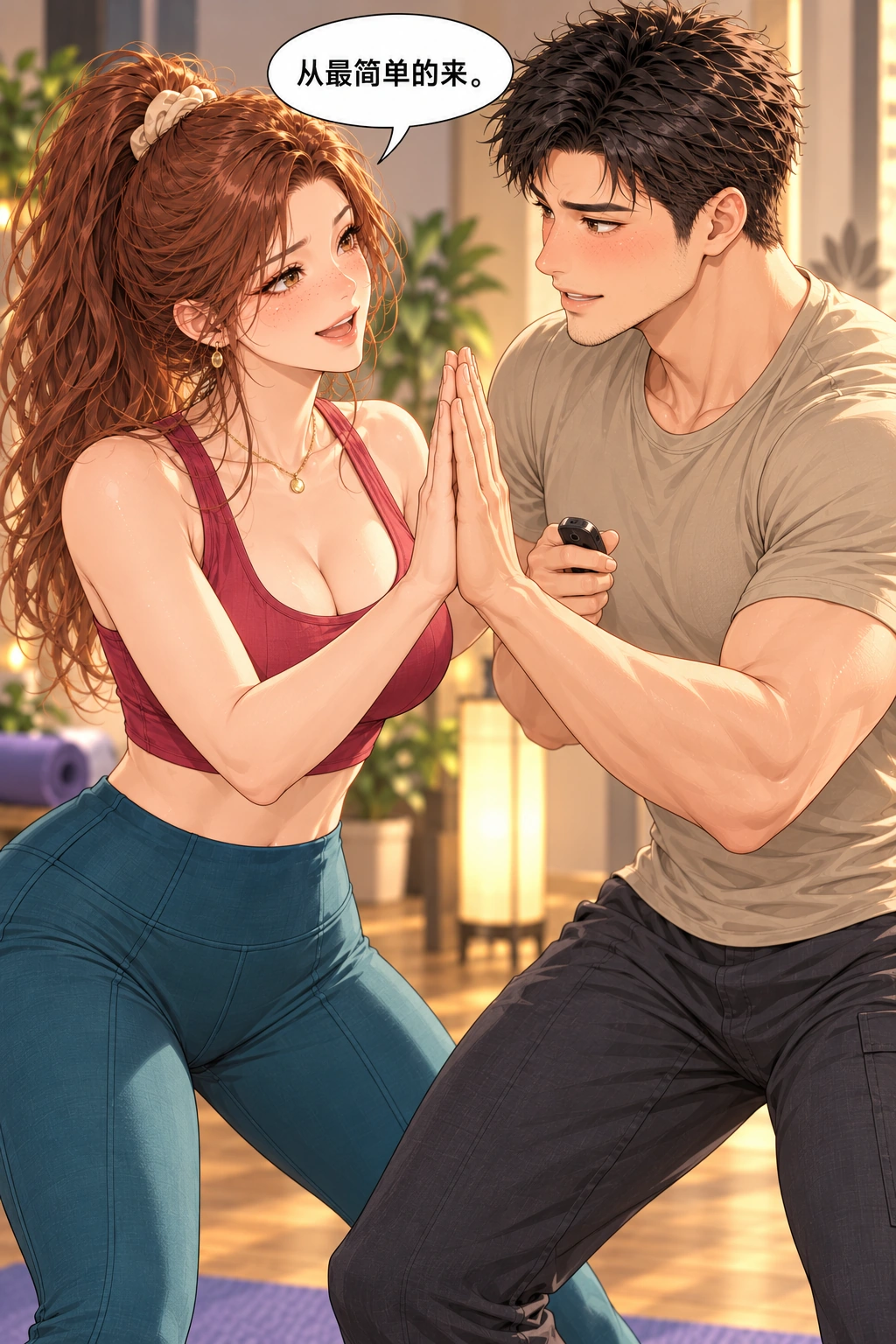 别跟假人较劲漫画画面：双方主动改用真实基础动作；他克服怕出糗，她选择可信教学。