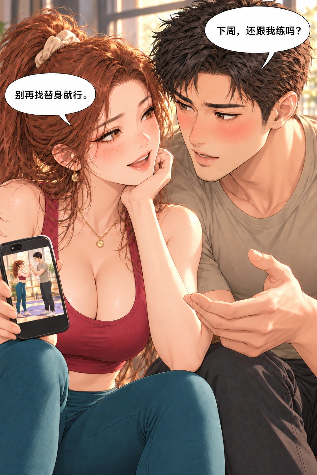 别跟假人较劲漫画画面：专业宣传照完成，两人约定继续合作；假人伏笔以对白回扣。