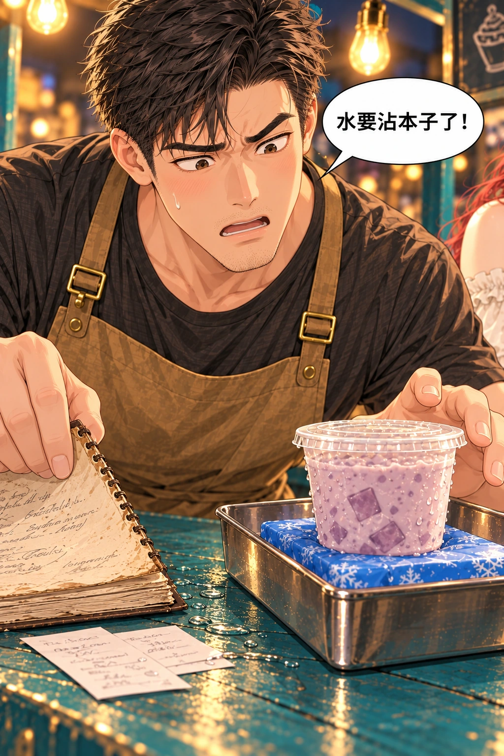 都说了别动漫画画面：《都说了别动》第2格：周予在前景发现冷金属托盘外壁凝水沿台面流向林父留的手写食谱本和当天预订纸卡。他皱眉，一手护住旧本，另一手伸向样品托盘；看不见被盒挡住的给他纸签。