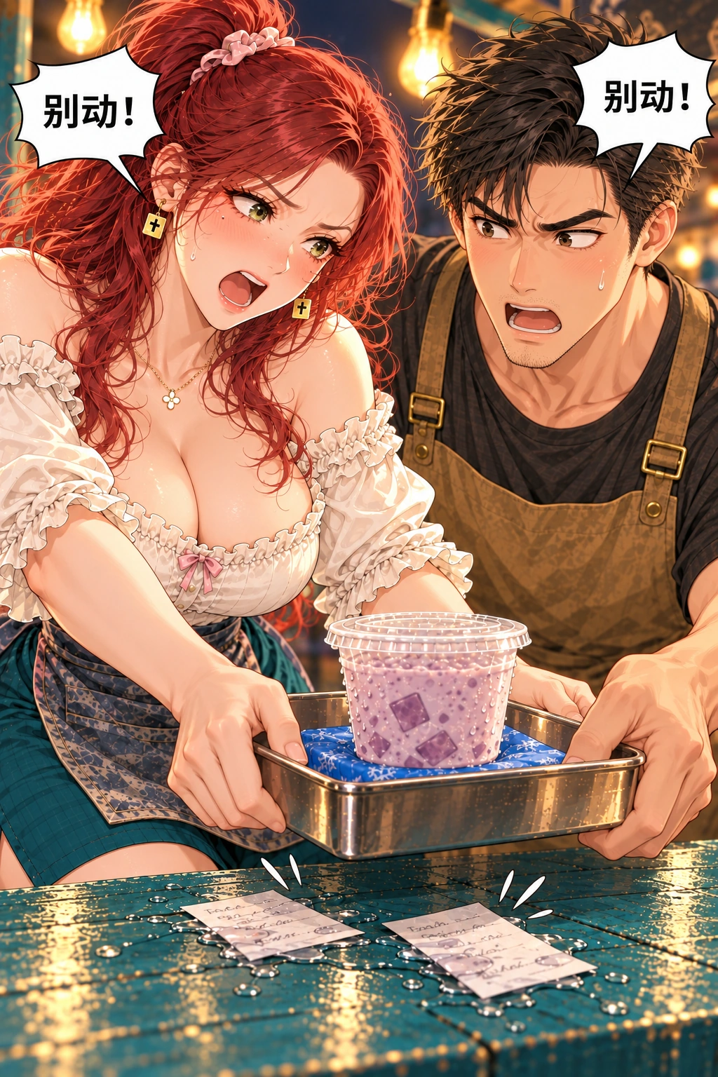 都说了别动漫画画面：《都说了别动》第4格：二人各拉托盘一侧，周予用肘挡湿线、林绛抱护盒，交叉动作却把两张预订纸卡一起推入凝水。两人同时喊“别动”，惊讶表情清楚。食物仍盖好未洒。
