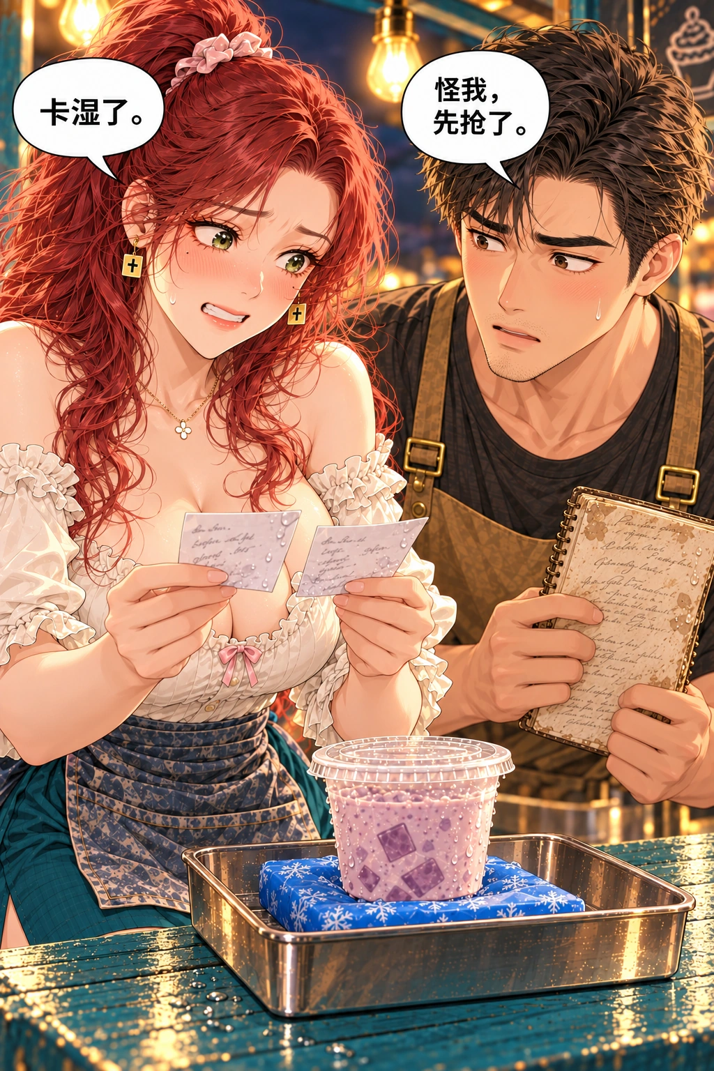 都说了别动漫画画面：《都说了别动》第5格：林绛捞起洇掉一角的预订卡，嘴角僵住；周予护着边角微湿却没有严重损坏的旧食谱本。两人的眼神同时转向对方，一瞬尴尬。