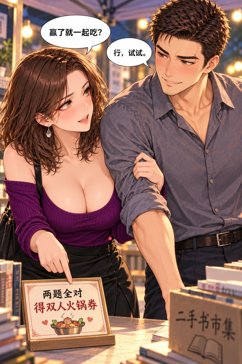 你画的不是火锅？漫画画面：《你画的不是火锅？》第1格：她主动提出借游戏约饭，他答应；奖券和两题全对规则同时建立