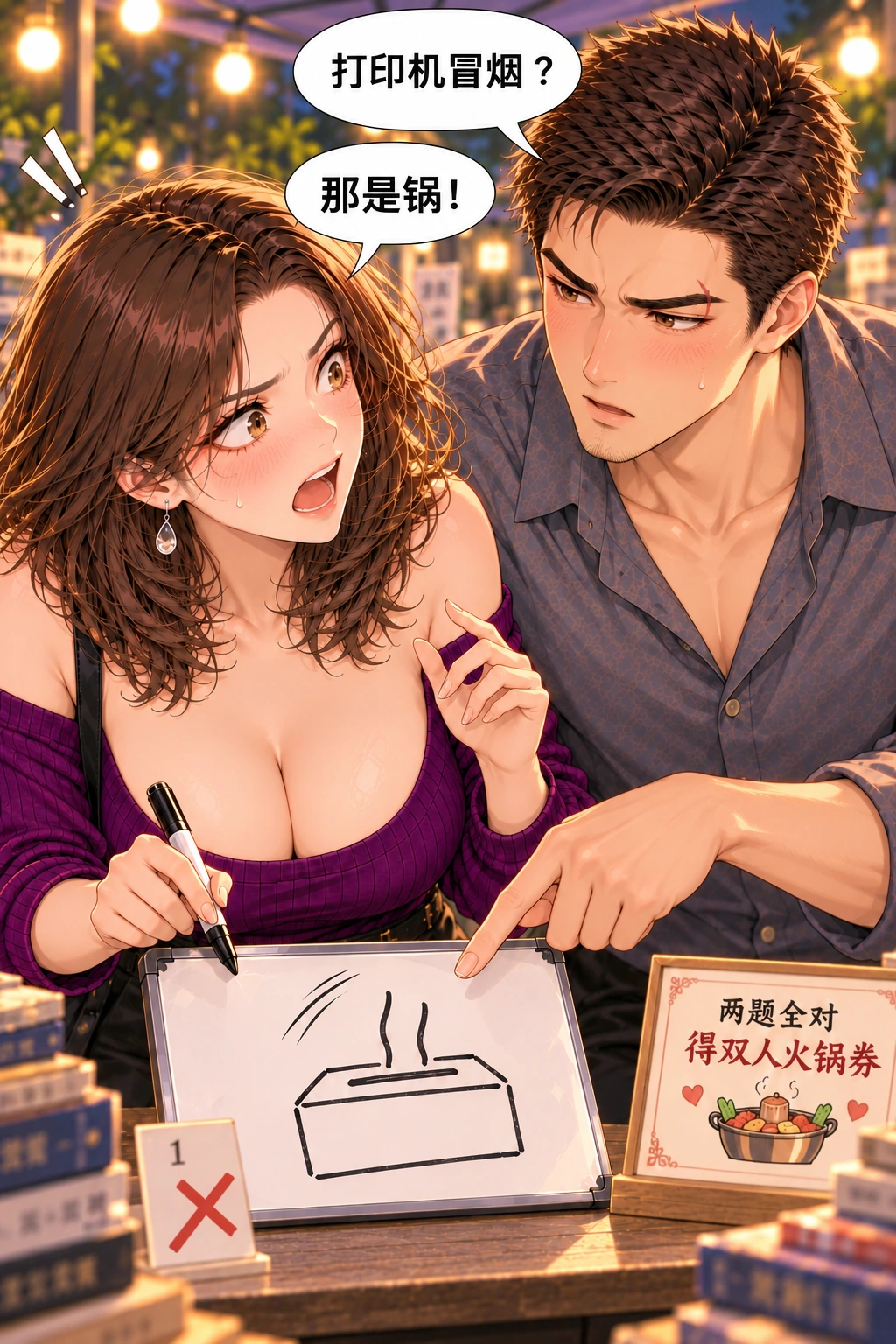 你画的不是火锅？漫画画面：《你画的不是火锅？》第3格：第一题答错，按公开规则立刻失去代金券；她失望的原因可见
