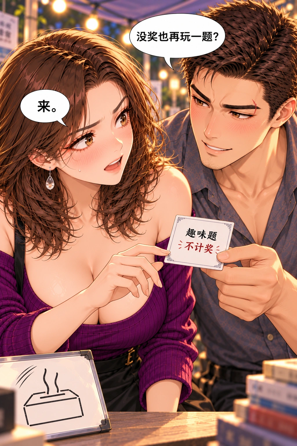 你画的不是火锅？漫画画面：《你画的不是火锅？》第4格：失奖后他主动留下，她选择继续；第二题不计奖，规则自洽