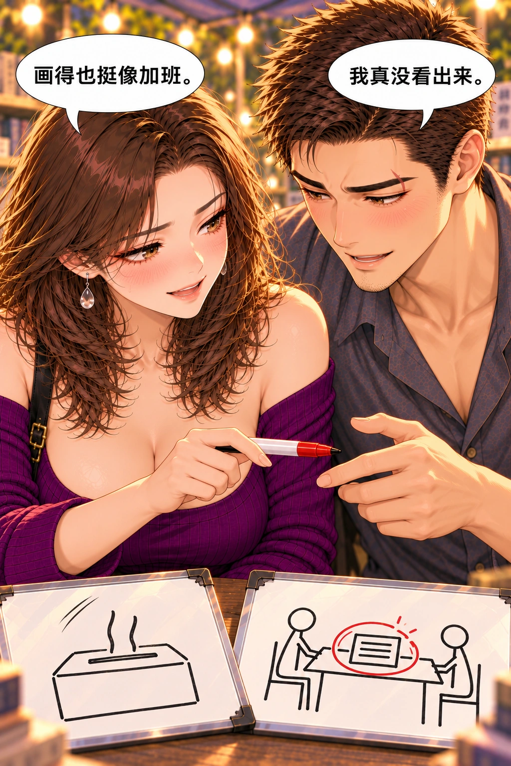 你画的不是火锅？漫画画面：《你画的不是火锅？》第7格：双方承认误会有图像依据，停止互相猜心；他主动接笔回应