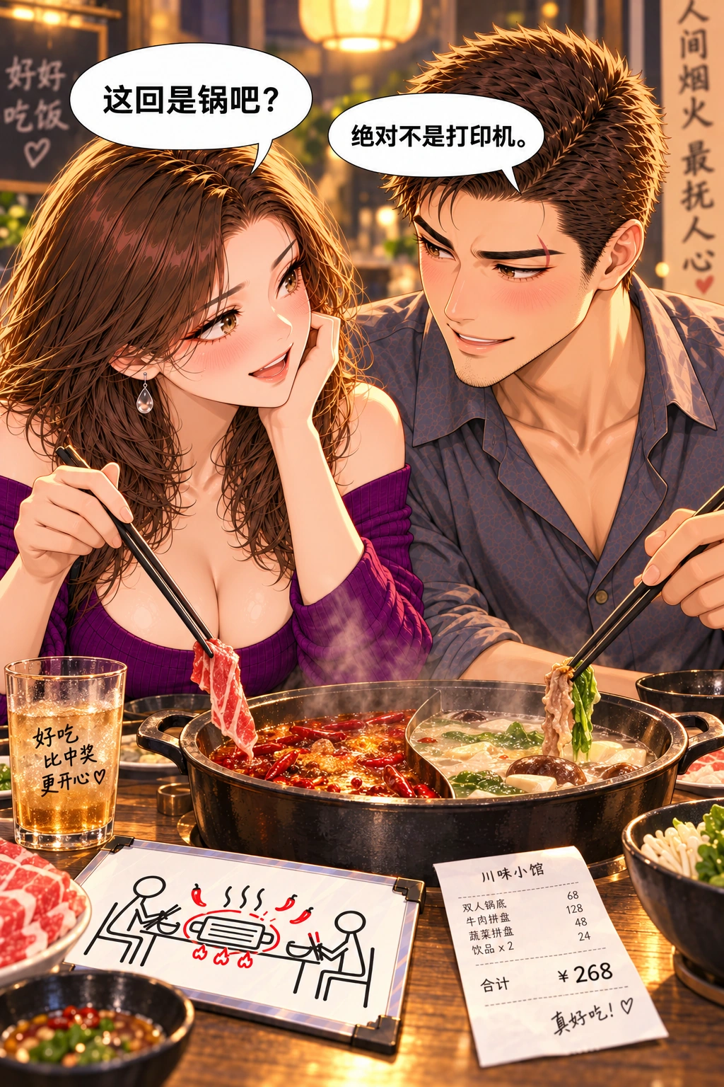 你画的不是火锅？漫画画面：《你画的不是火锅？》第9格：没有券也共同赴约，自付代价和画面笑点回扣第一题；关系从同事走到第一次明确单独晚餐
