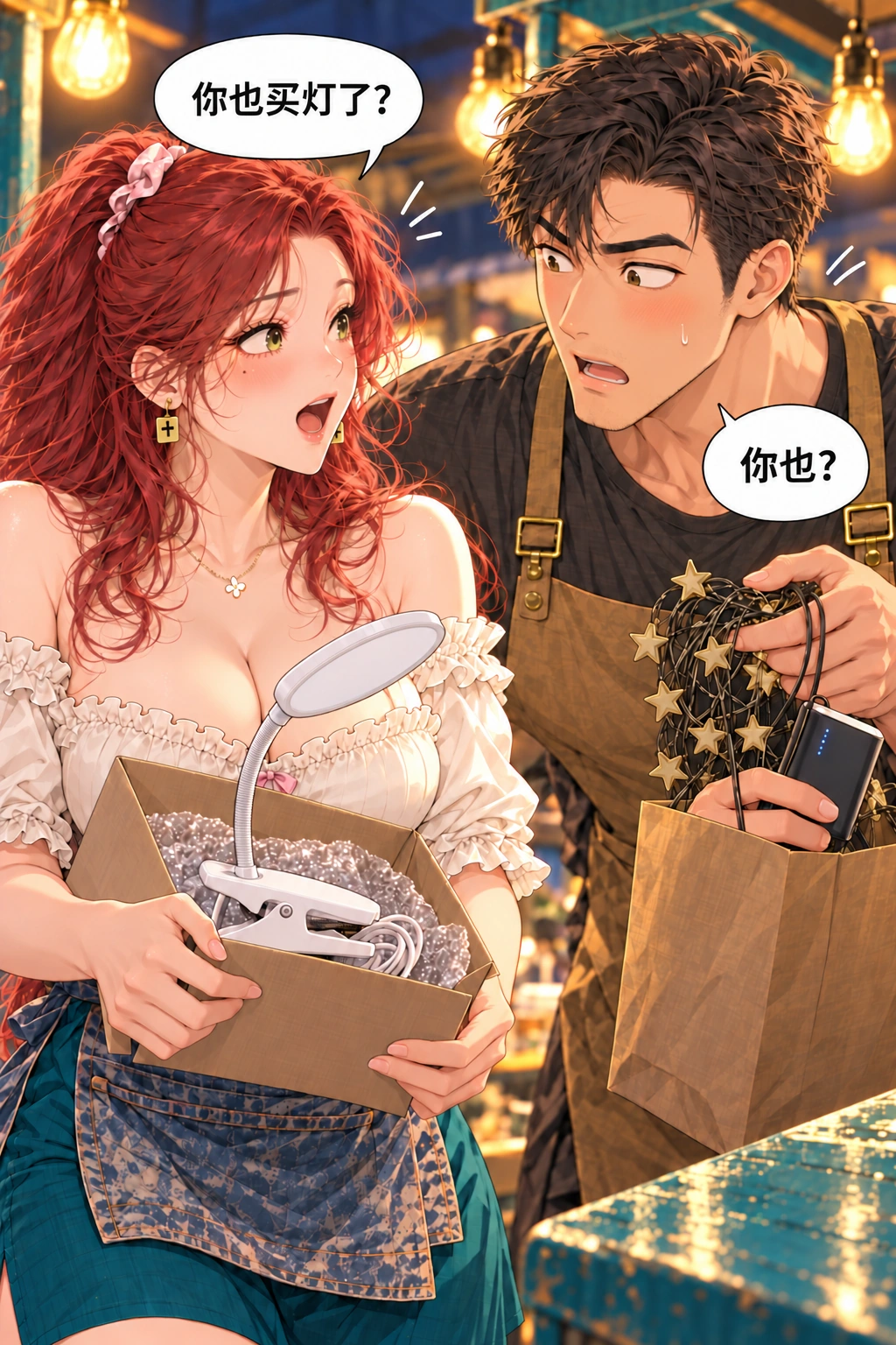 鬼摊还营业吗漫画画面：《鬼摊还营业吗》第1格：两人都想改善旧摊照明，不是互相藏惊喜