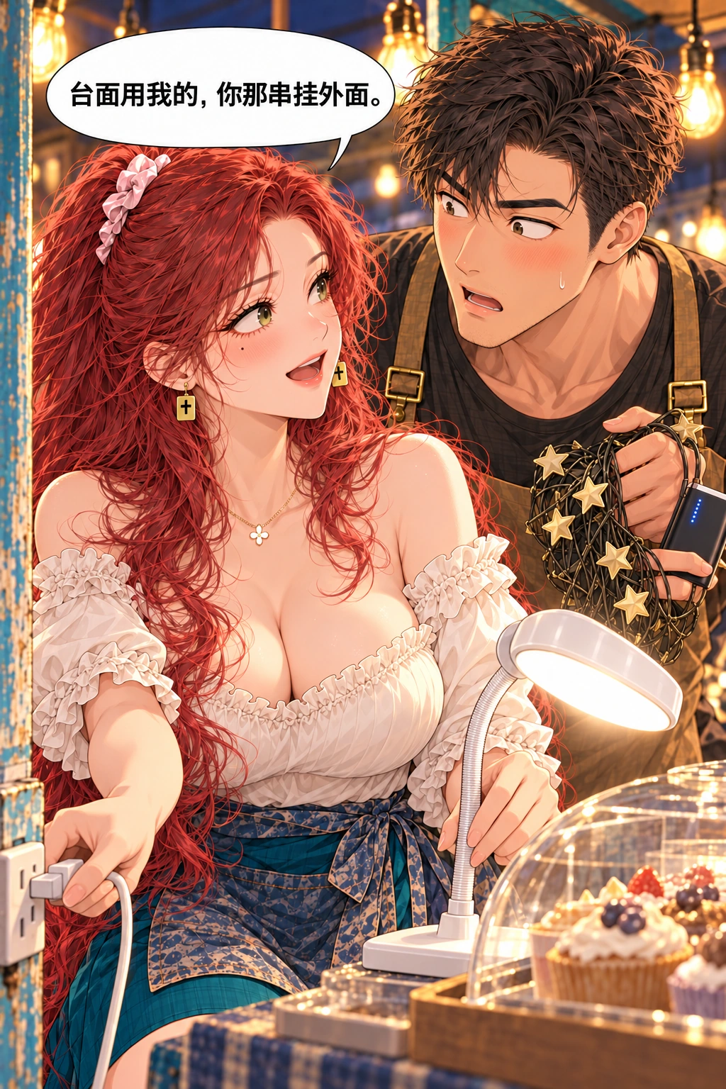 鬼摊还营业吗漫画画面：《鬼摊还营业吗》第5格：女主放弃抢唯一插孔，把装饰也纳入安排