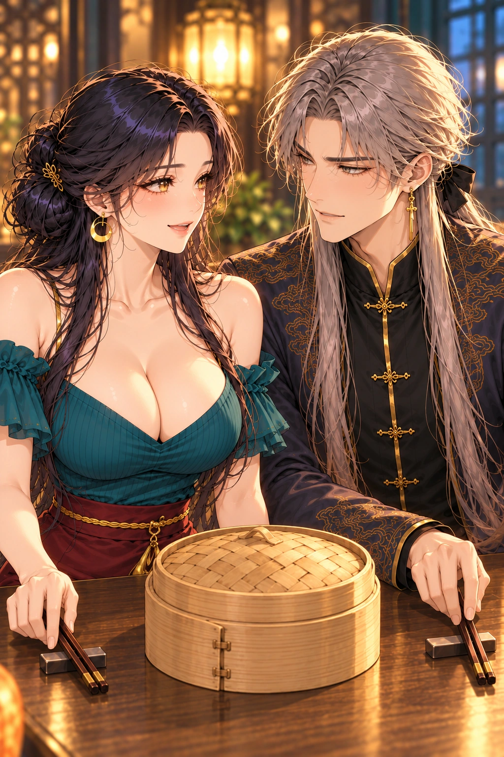 你先别客气漫画画面：盖好竹笼等凉，两人各拿自己的筷子，放松对视