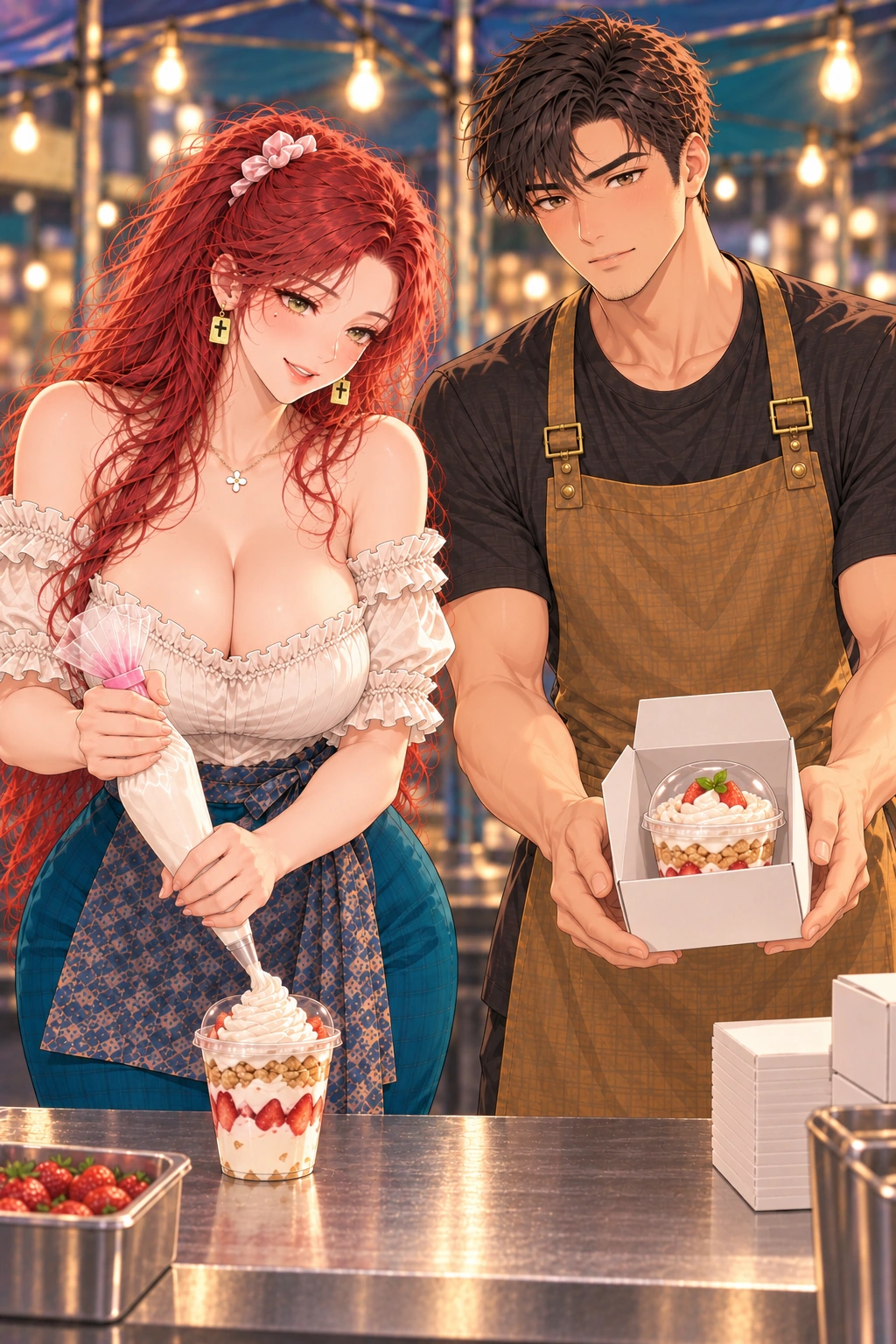你的镜头你定漫画画面：新画面中林绛裱花、周予递盒，两人的脸和分工都清楚。