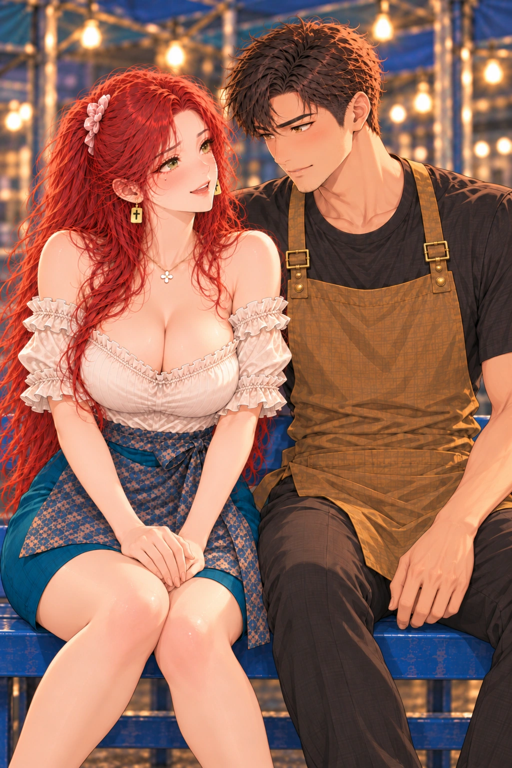 你的镜头你定漫画画面：周予坐进右侧空位，两人肩侧轻碰，放松地相视微笑。