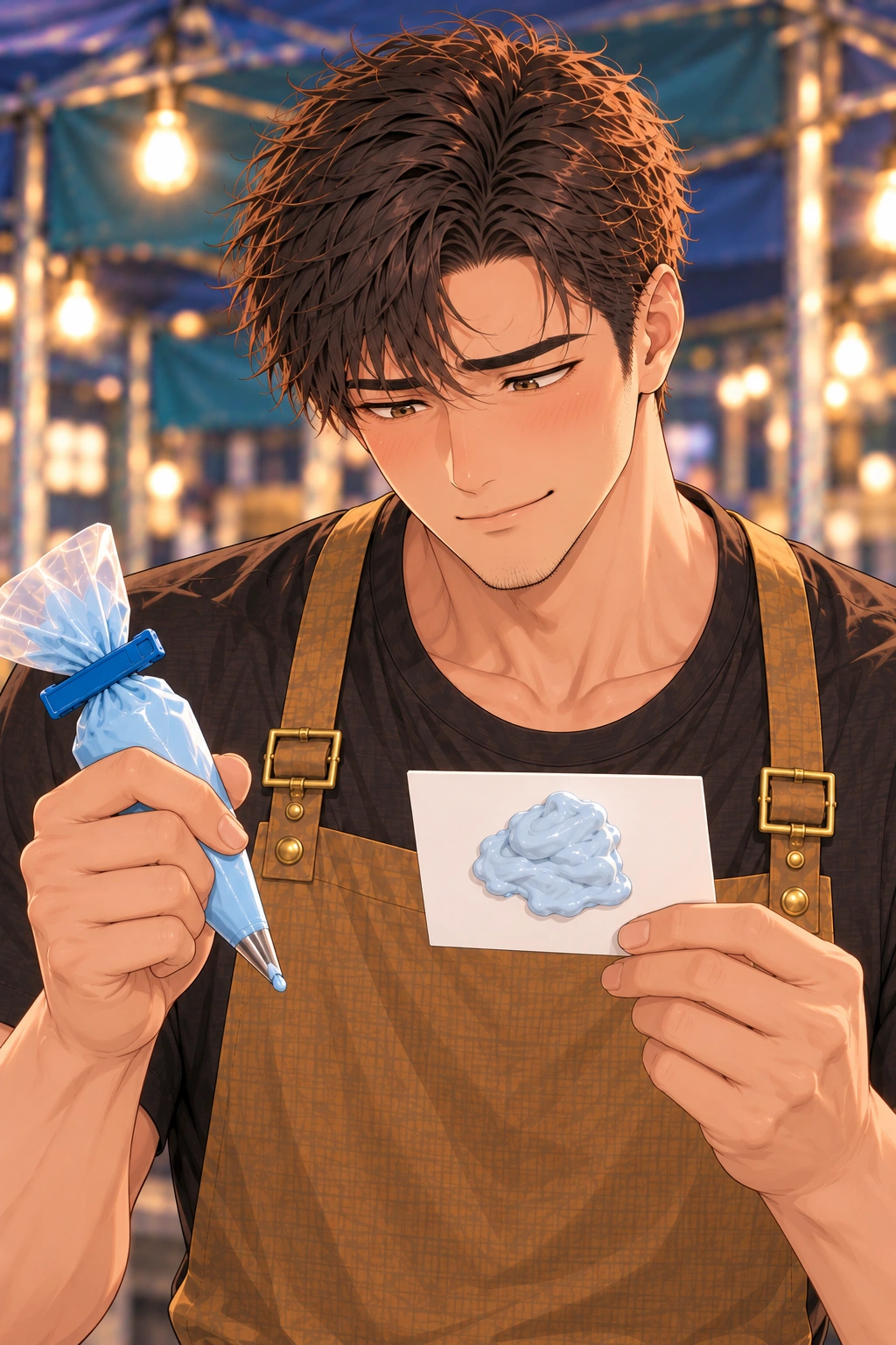 你的镜头你定漫画画面：周予举起白卡上的淡蓝奶油歪团，露出无奈的笑。