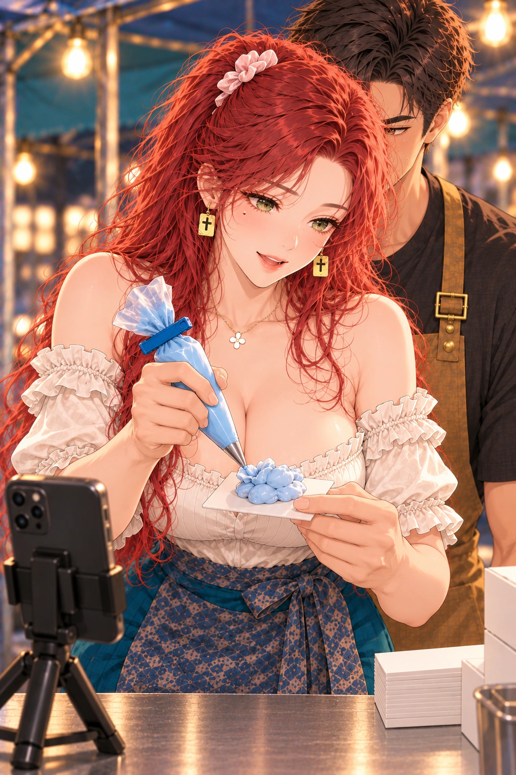 你的镜头你定漫画画面：林绛接过练习袋给歪团补花边，身位再次遮住周予。