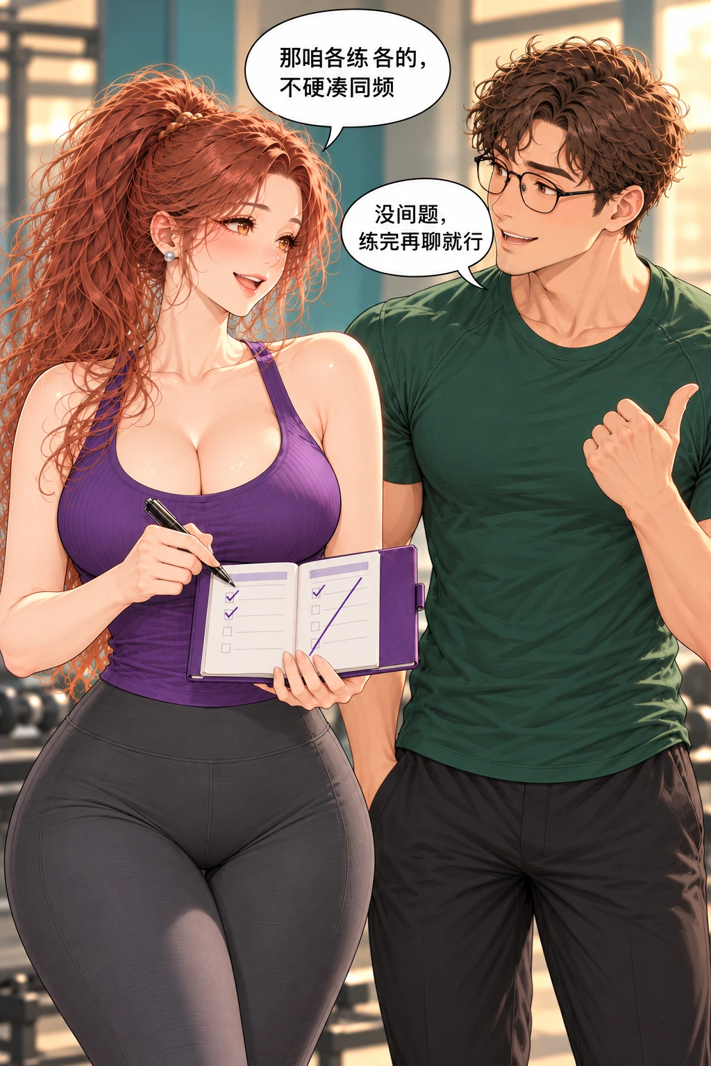 健身区的两指乌龙漫画画面：双方把承认变成可见新做法，训练分开。