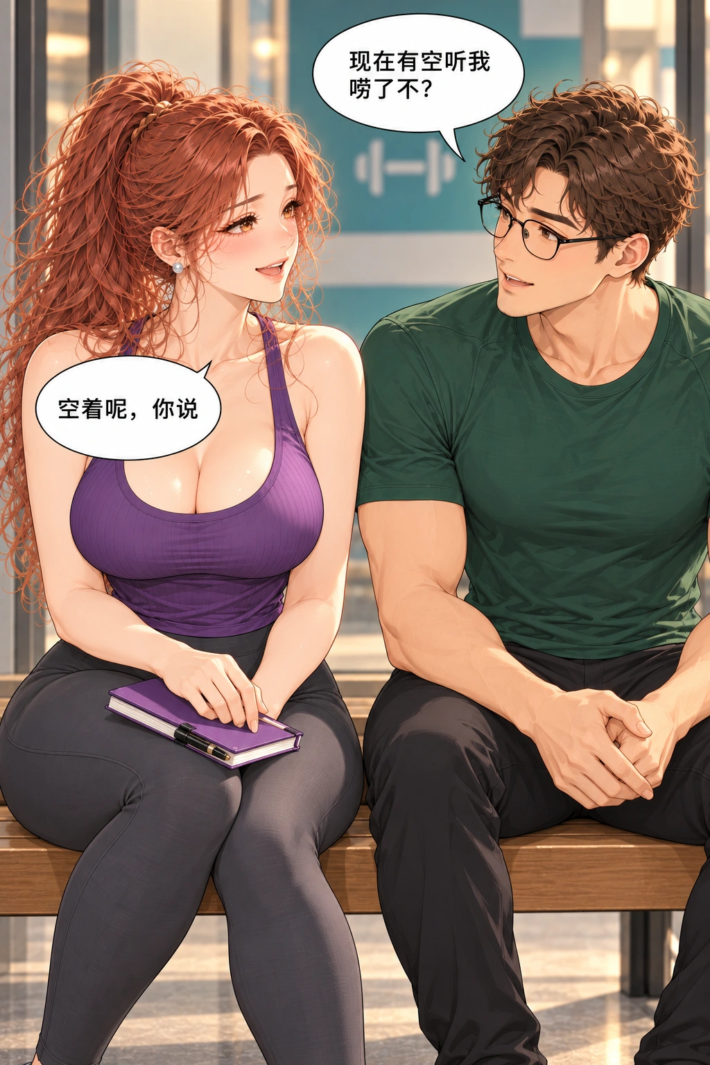 健身区的两指乌龙漫画画面：聊天这次由明确邀请和愿意回应开始。