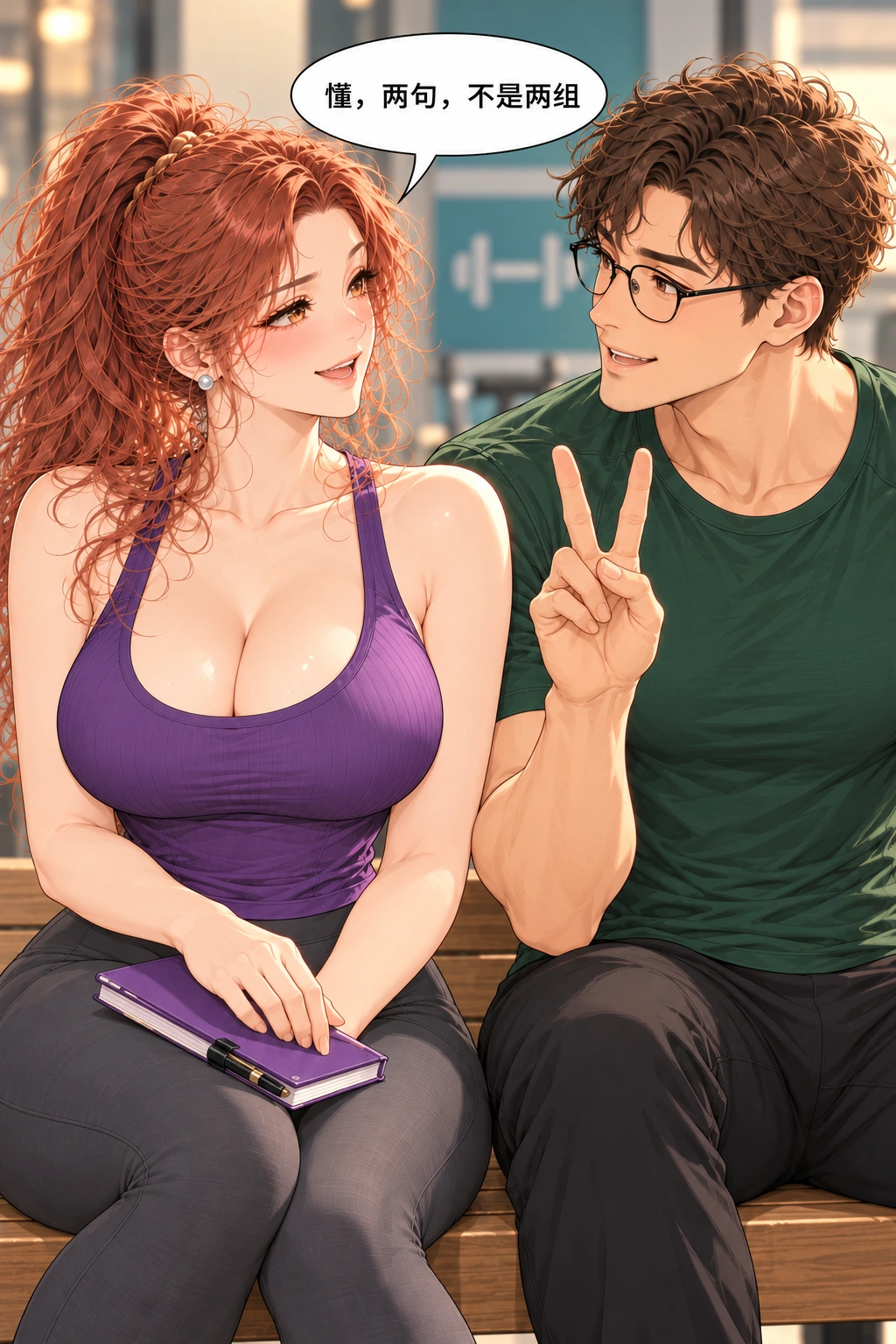 健身区的两指乌龙漫画画面：同一个手势变成双方知道的玩笑。