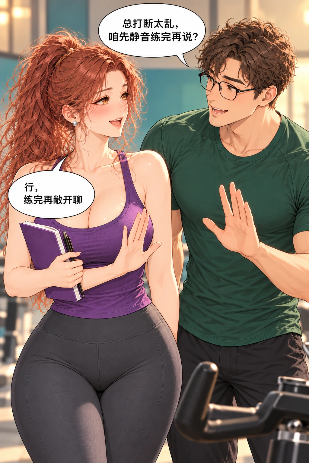 健身区的两指乌龙漫画画面：双方以为静音就能同时满足训练与聊天。