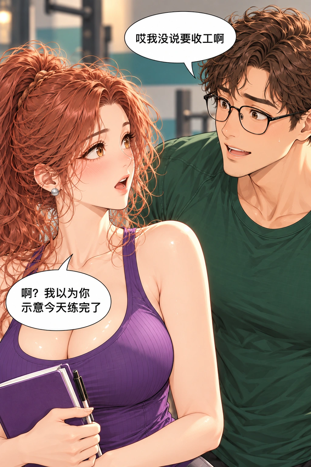 健身区的两指乌龙漫画画面：两人终于开口，静音办法自己破功。