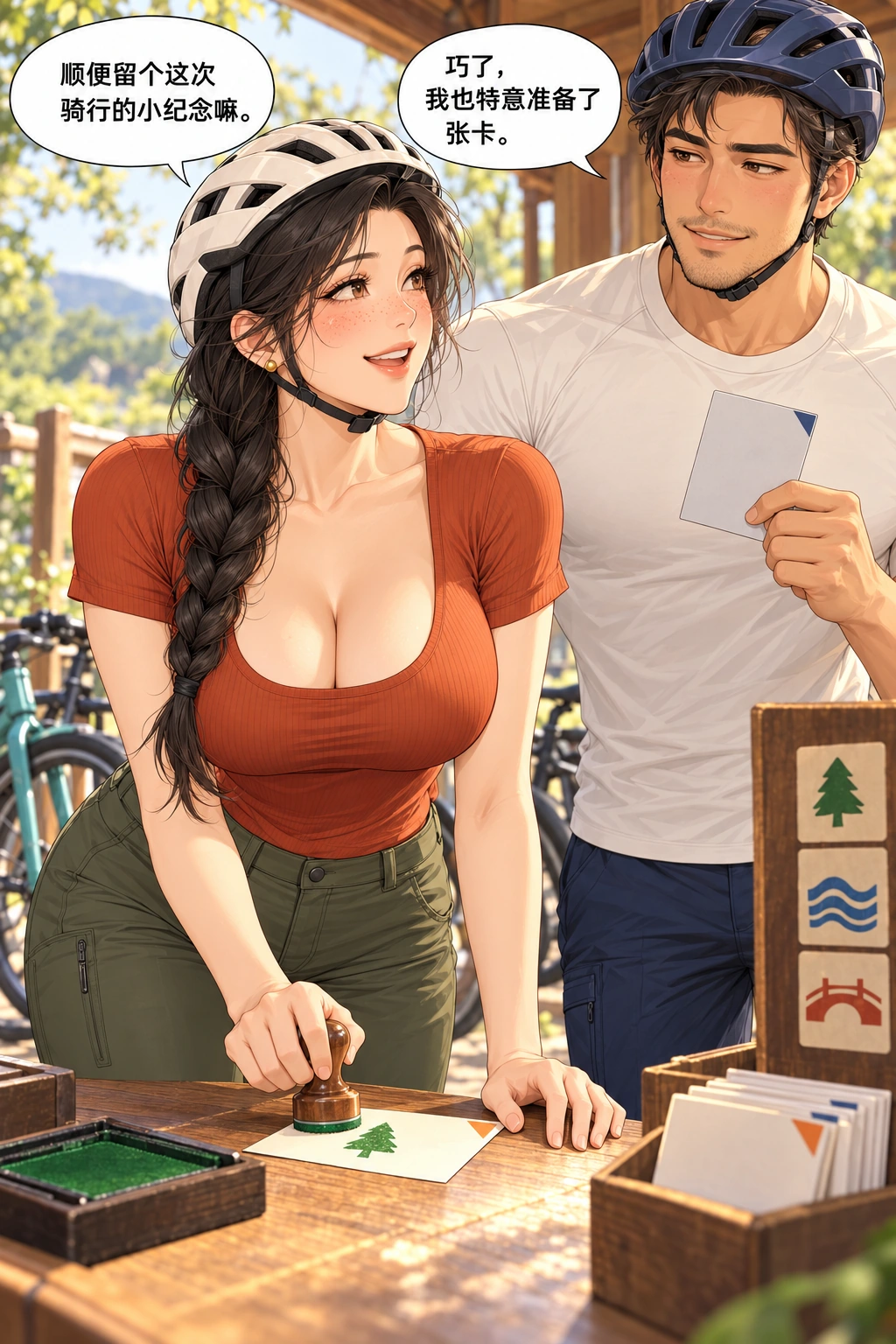 你这也叫随手？漫画画面：两人都想留下首次骑行纪念，开场即彼此知道带了卡。