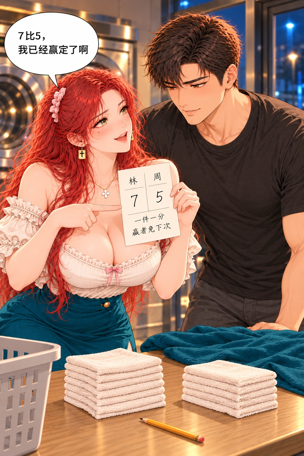 这一分算谁的漫画画面：7比5且最后只一件，林已赢，收尾却还没做。