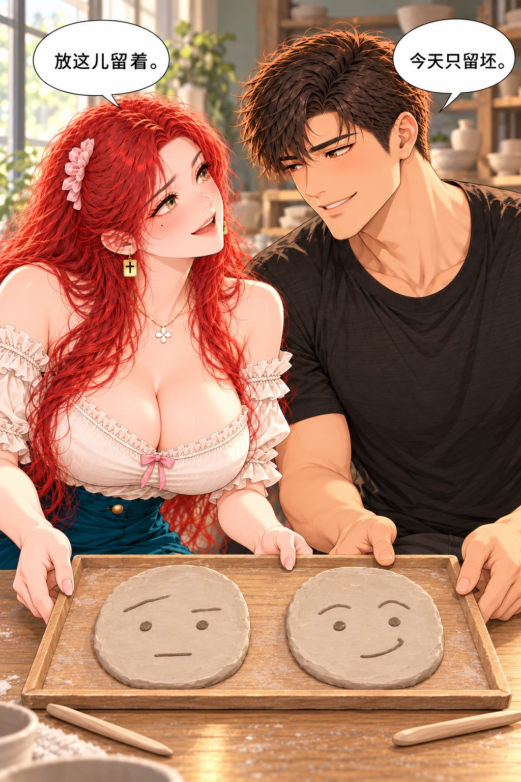 你把我改没了漫画画面：《你把我改没了》：两块仍未烧湿泥坯留工作室，不带走使用或当天开窑。