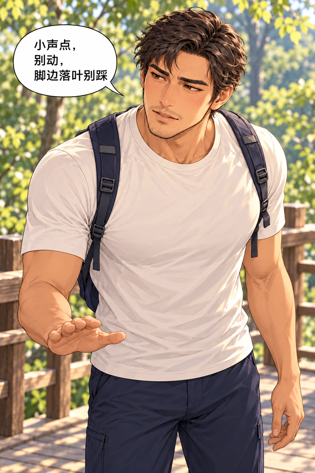 风还没轮到说话漫画画面：《风还没轮到说话》：他减少脚步动作，却用自己的口头指导又添一层人声。