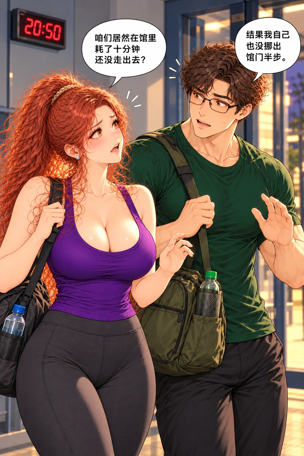 说走又没走漫画画面：《说走又没走》：普通墙钟揭穿十分钟已耗掉，两人都没真离店。