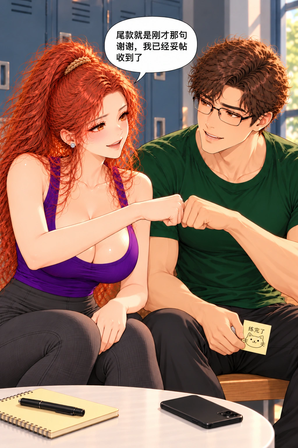 两位甲方先下班漫画画面:《两位甲方先下班》:彼此用轻碰拳确认感谢已被接住,双手不再交替指挥工作工具