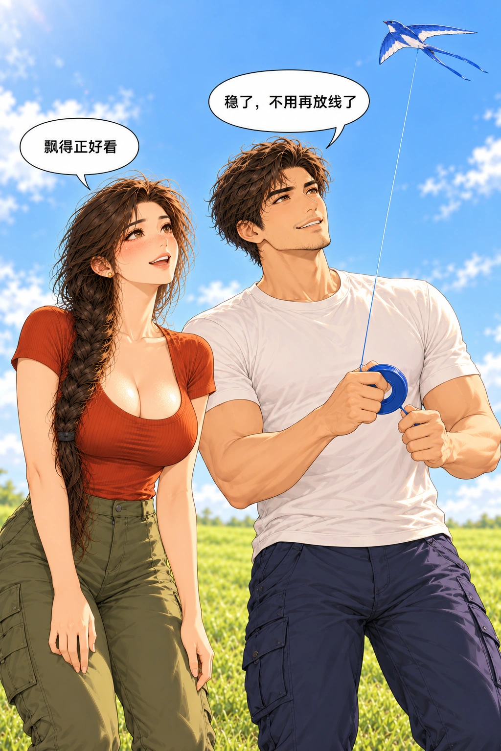 天上成双,地上成团漫画画面:《天上成双,地上成团》:两人先真让一只飞稳,他也真参与控筝,不是口头说要玩。