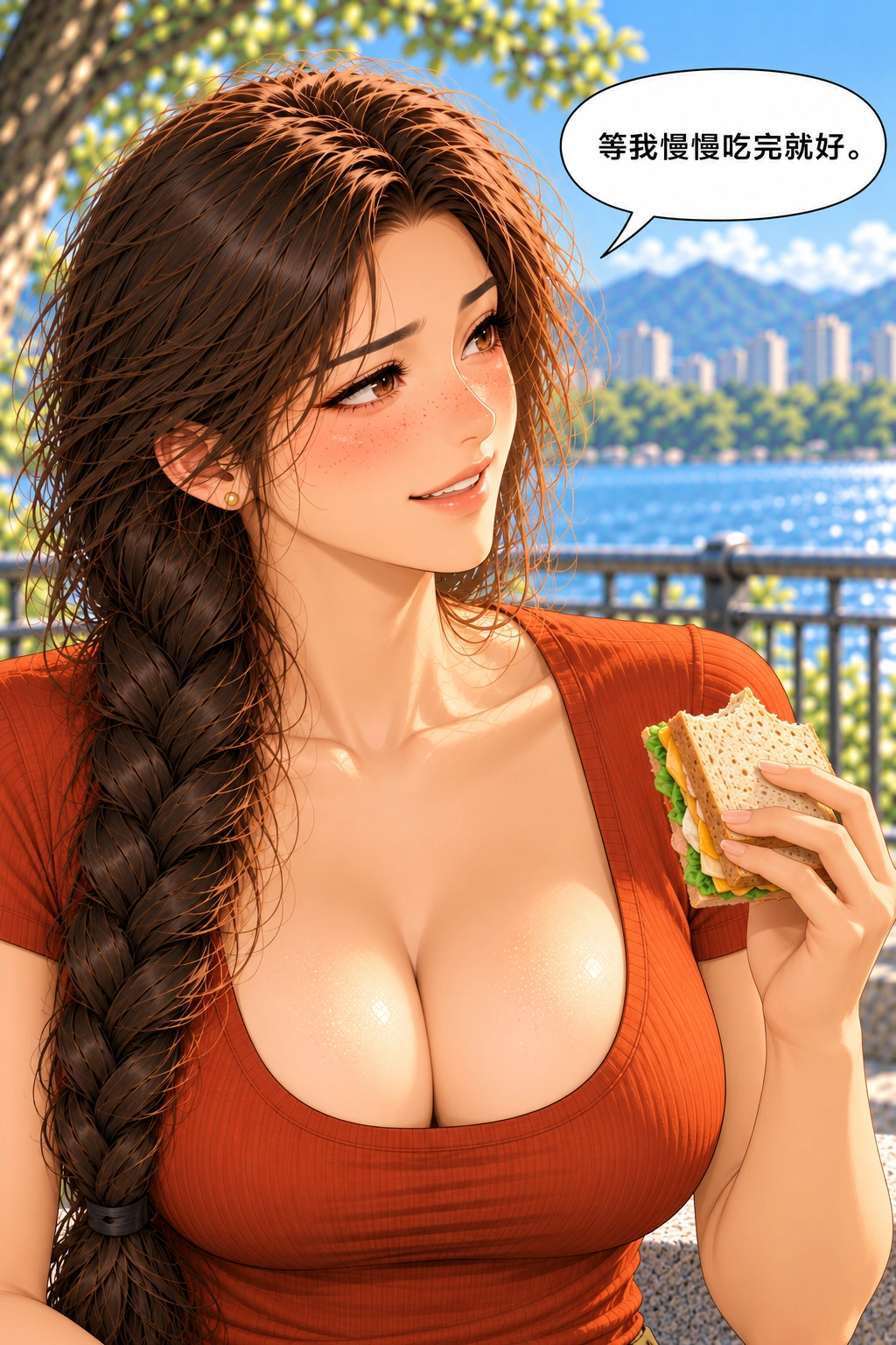 嘴先到终点漫画画面:《嘴先到终点》:以当下坐等她吃的轻松口气收梗,保留一人已吃完、一人刚开饭的真实后果。