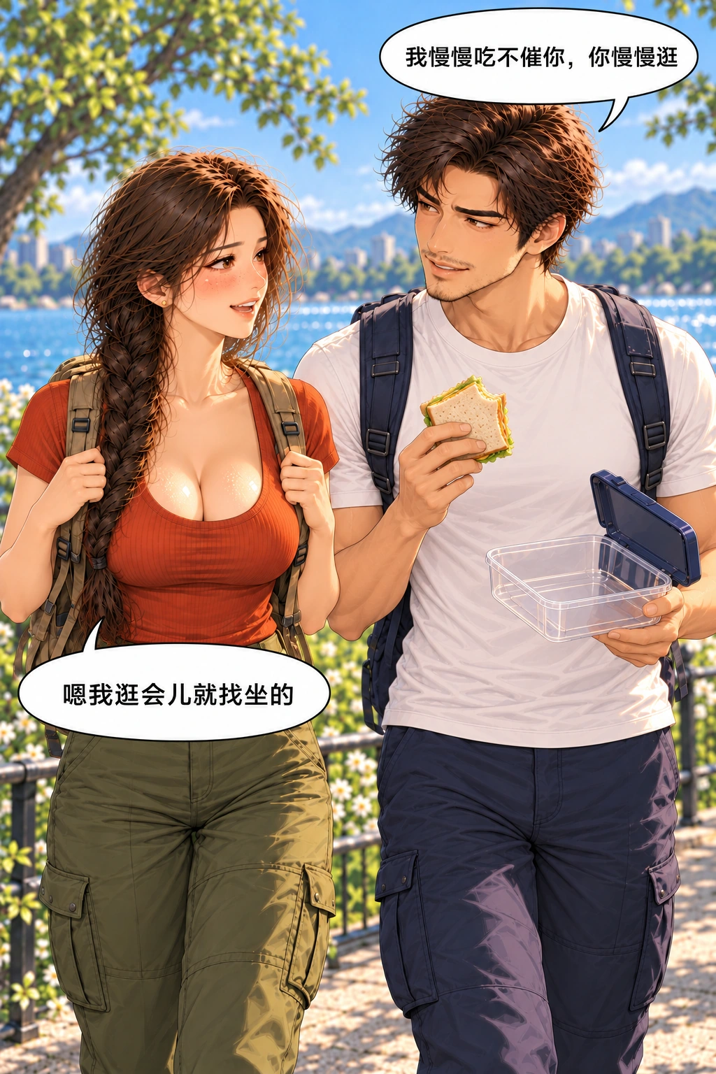 嘴先到终点漫画画面:《嘴先到终点》:一份已咬缺,女自选继续看,男也自选不说坐并继续吃,注意力开始不同步。