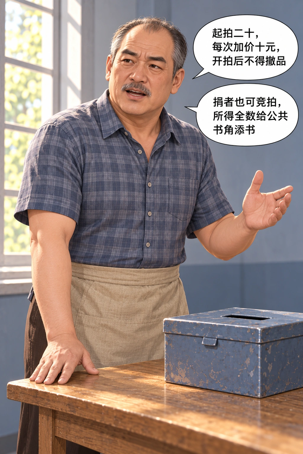 捐赠人加价了漫画画面：《捐赠人加价了》：任何人含捐者能买、20起每加10、开拍后不撤且钱添书，给随后她付真价而非免费取回公平前提。